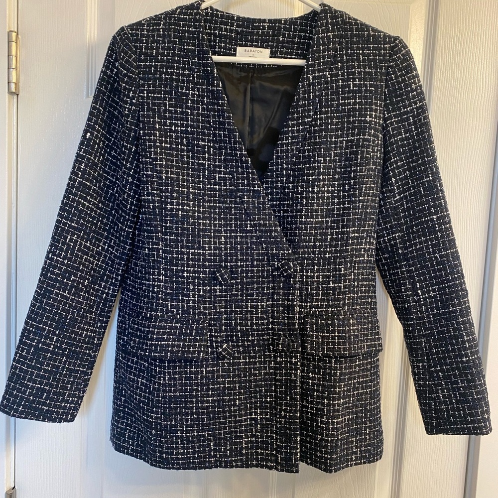 Aritzia Babaton Kilburn Navy Tweed double buttoned blazer jacket size 4 - Picture 4 of 9